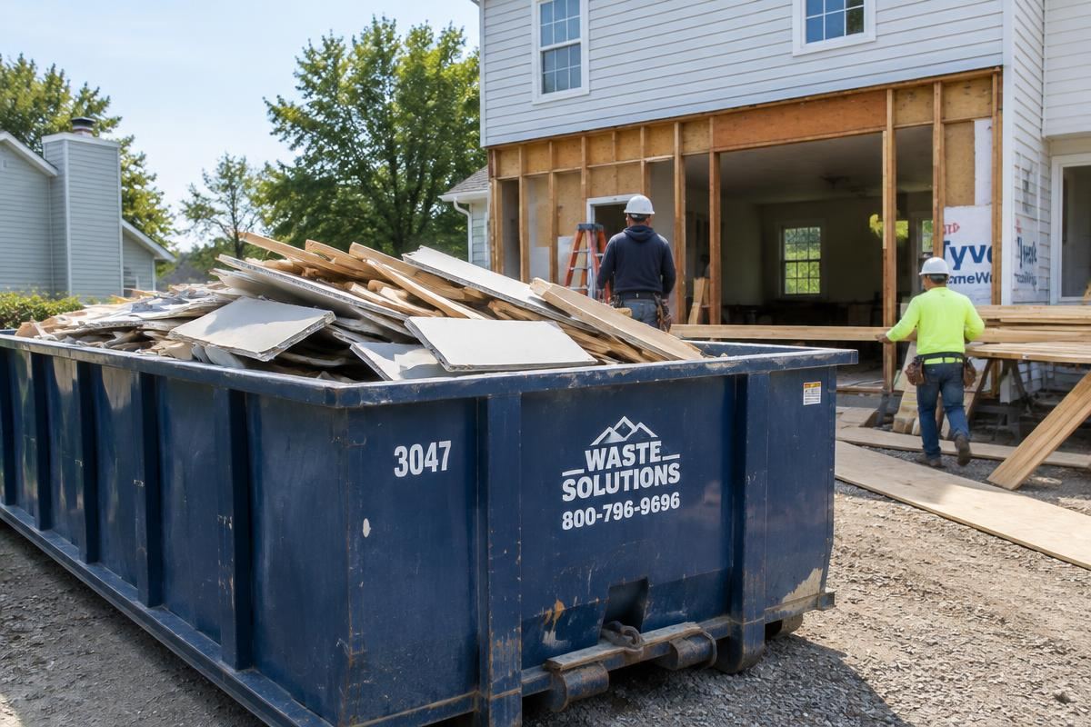 Roll-off dumpster loaded with drywall and lumber at a home renovation