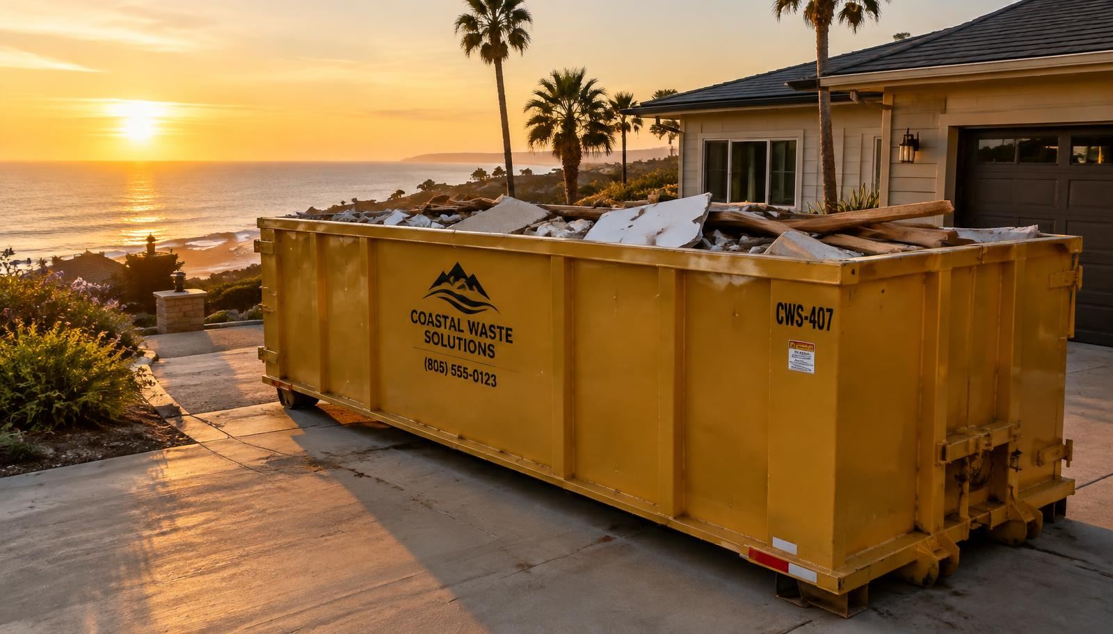 Gold roll-off dumpster parked in a residential driveway